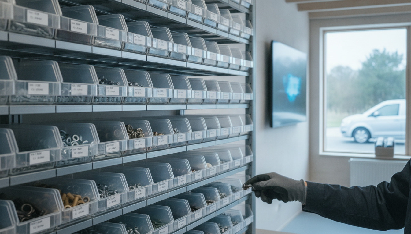 Tæt billede af hånd, der tager fat i industriel reservedel fra organiseret hyldedisplay med metaldele i kasser.