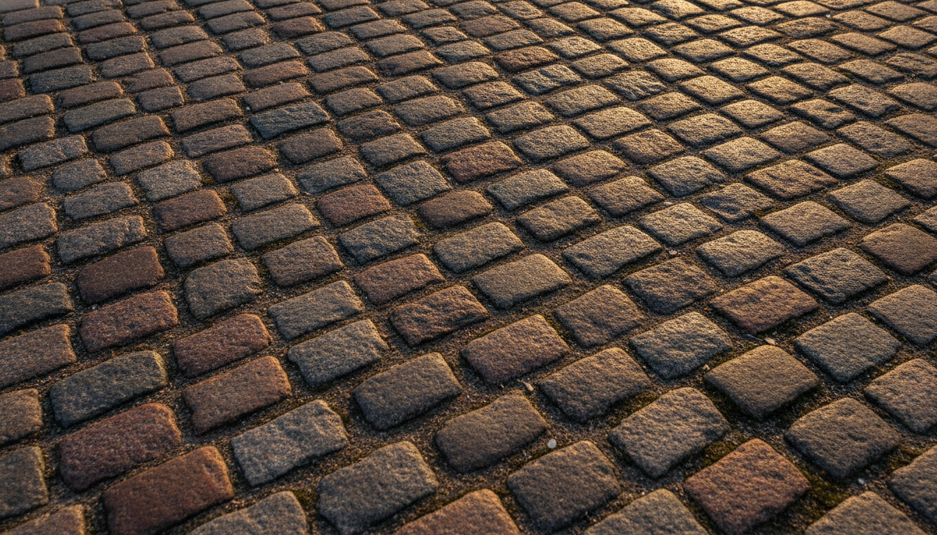 Detaljeret nærbillede af gamle, slidte granitsten og teglpavers med gyldent lys og lange skygger.
