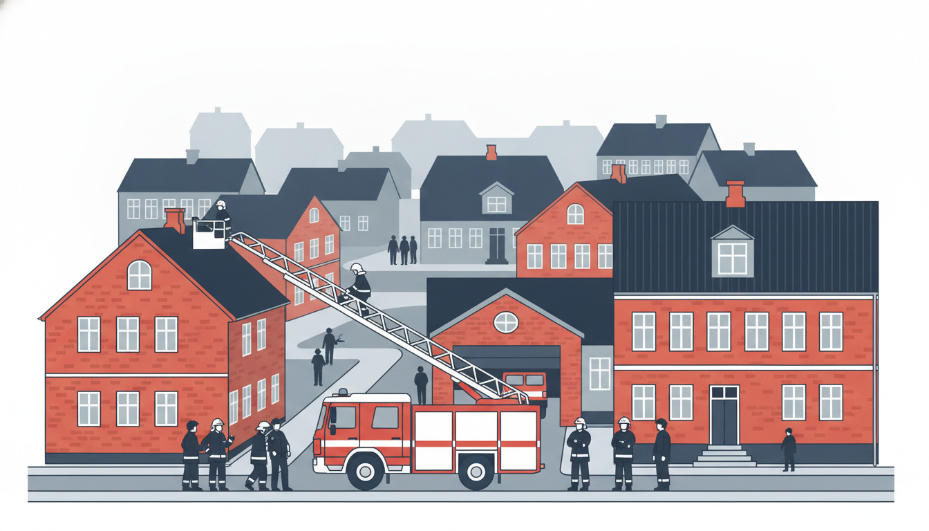 Flad vektorillustration af emergency services i Bogense: brandmænd i beskyttelsesudstyr ved siden af en rød brandbil, politibetjente der koordinerer på gaden, traditionelle røde mursten danske bygninger og karakteristiske tage i en havneby.