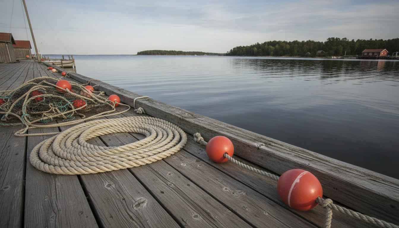 Tæt på træpirflade med rullet tov og røde fiskerbøjer på gammelt træ ved vand.