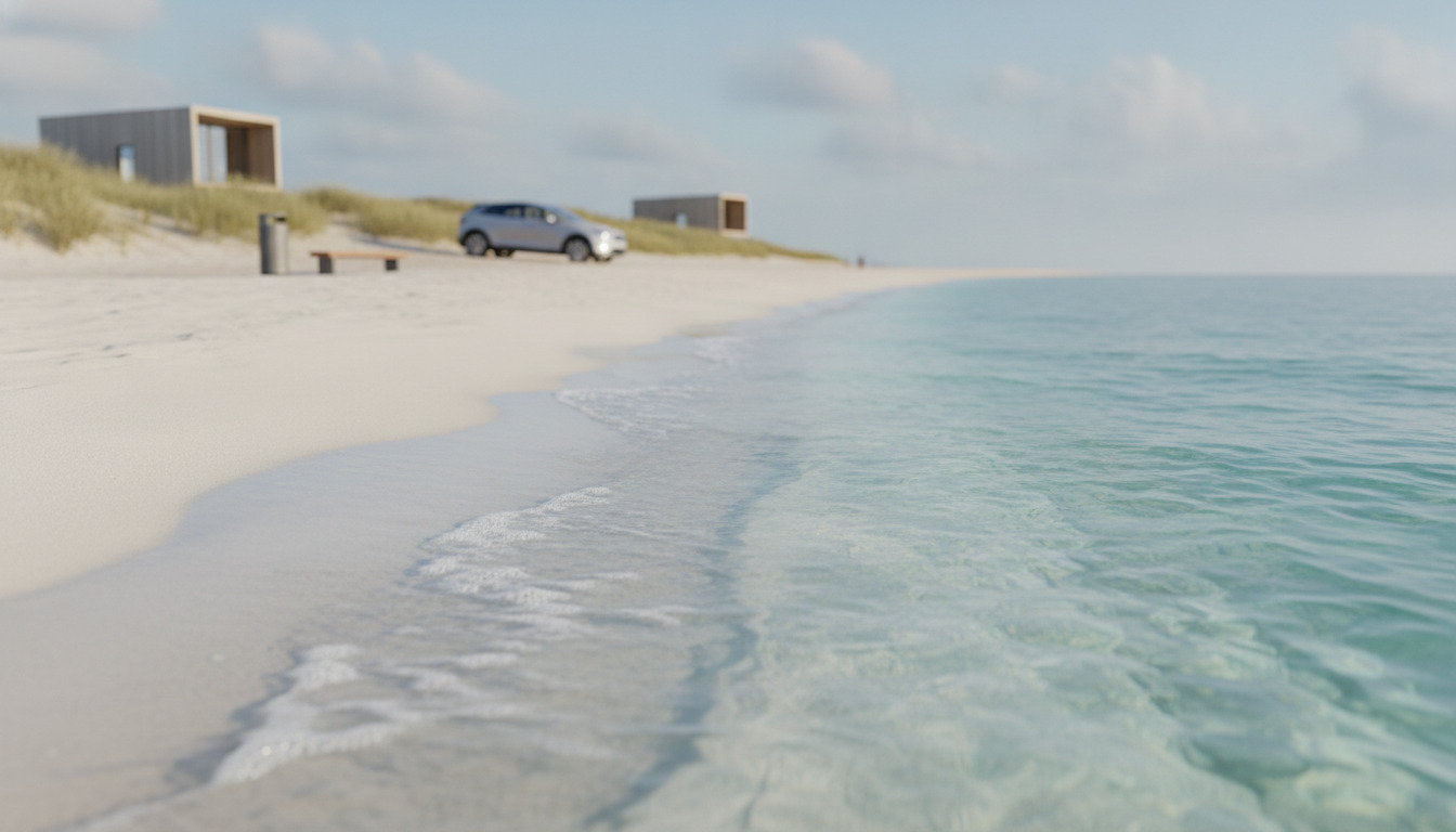 Bølger møder fint hvidt sand ved strandkanten med klar turkis vand og blid naturlig belysning.