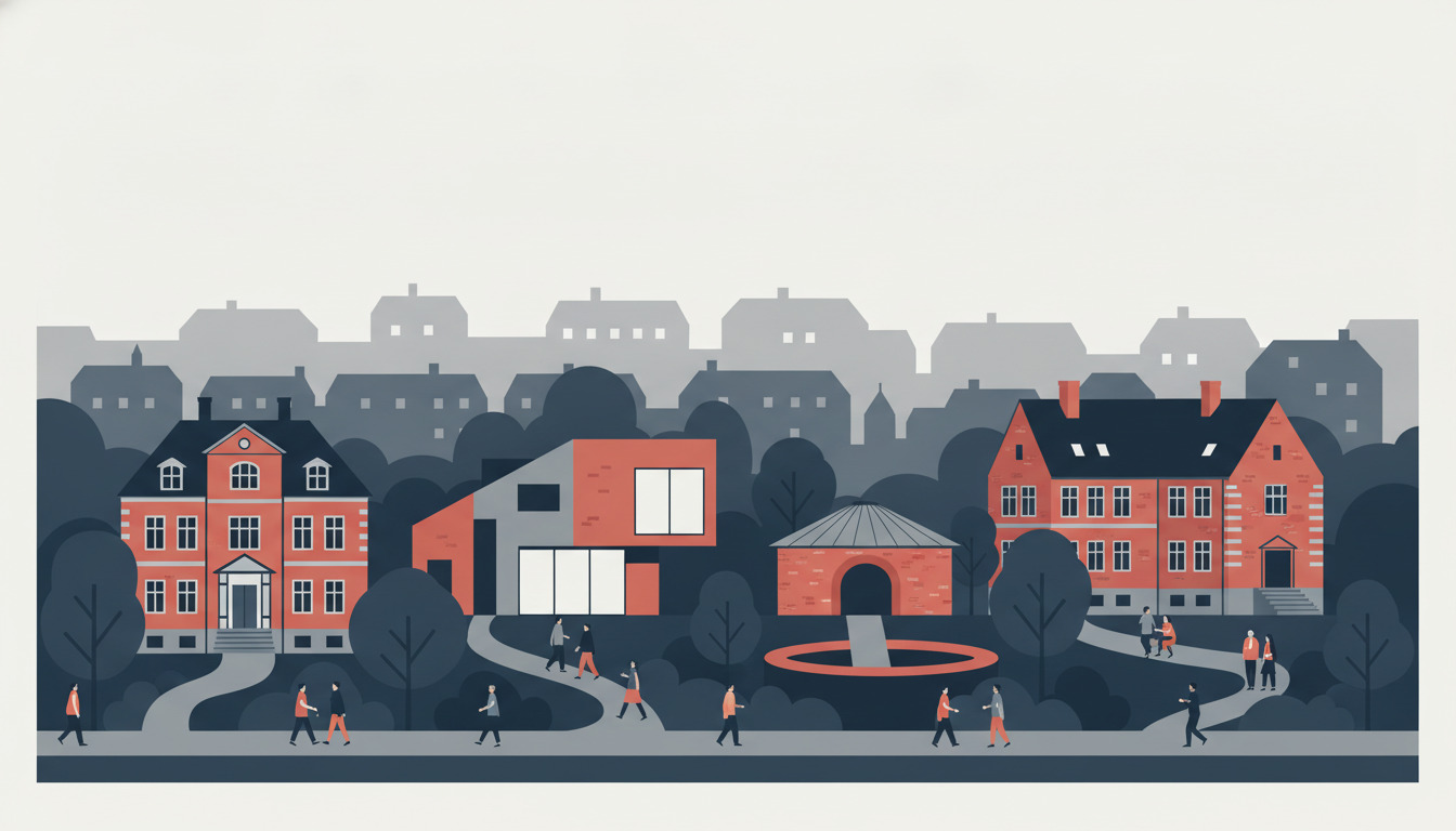 Flad vektorillustration af Frederiksberg Museerne: fire forskellige museumsbygninger, herunder elegant røde mursten-villaer fra det 19. århundrede, et modernistisk galleri og en underjordisk pavillon, beliggende blandt mørke træer og parker med besøgende, der spadserer ad træbeplantede stier.