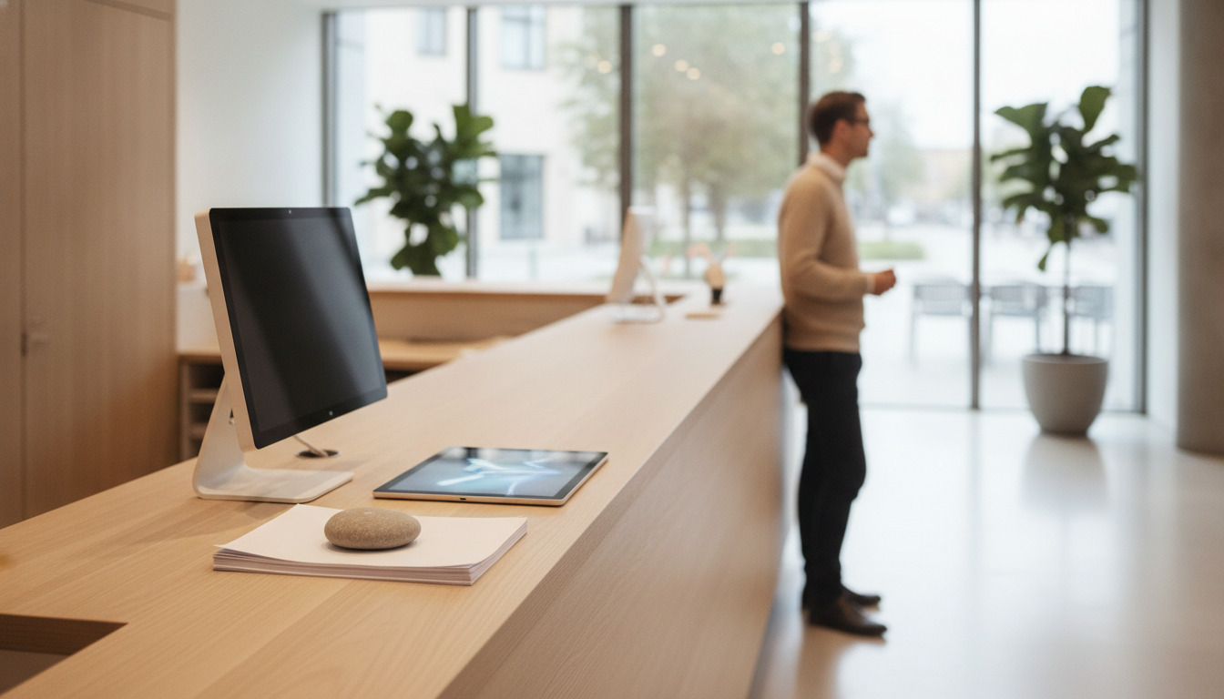 Nærbillede af bankdisk med computer, tablet og notespapir i blidt dagslys.