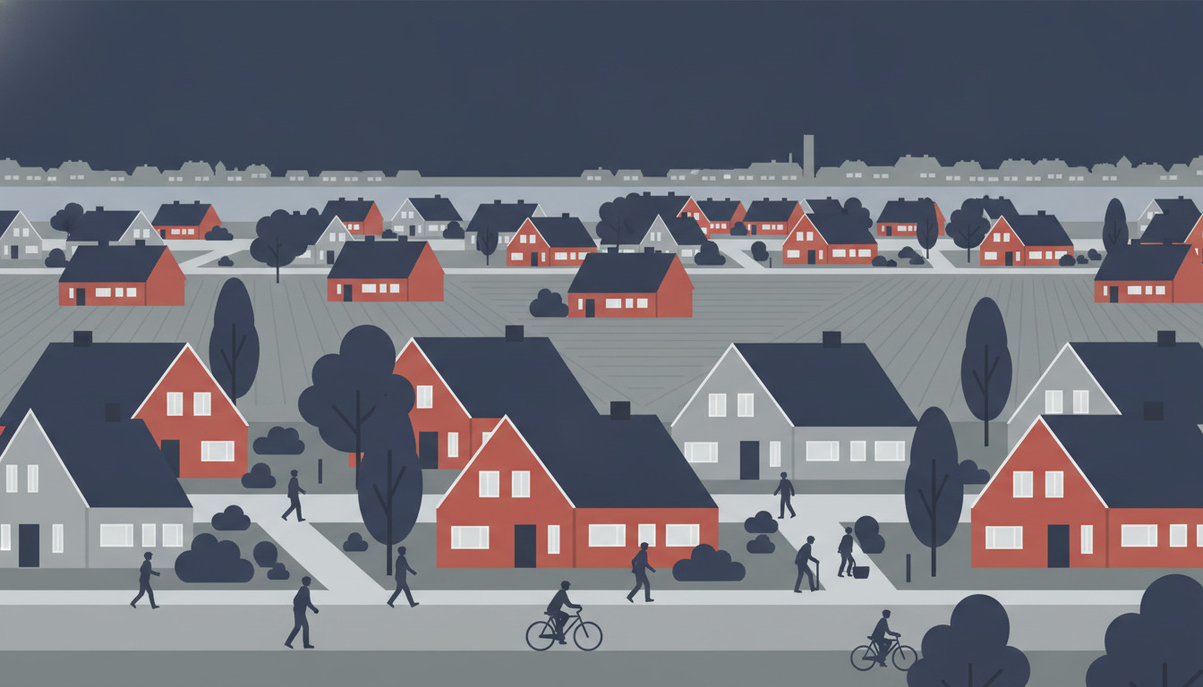 Stiliseret boligkvarter i Solbjerg med røde og grå villaer, kuperet terræn, træer, gågående og cyklister på gader, sø i baggrund.
