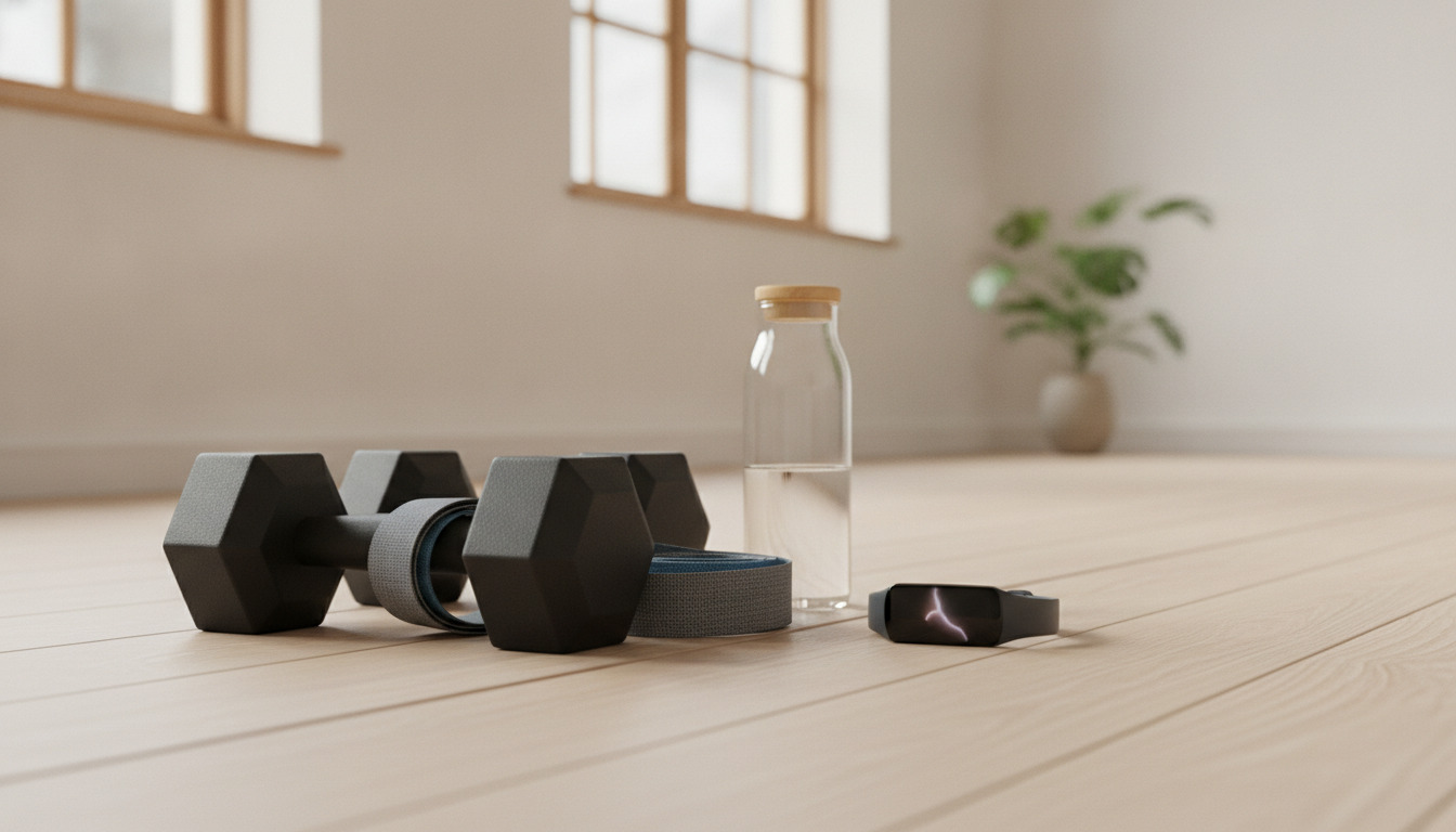Træningsudstyr på træbund: håndvægte, modstandsbånd, vandflaske og fitnesstracker i naturligt lys.