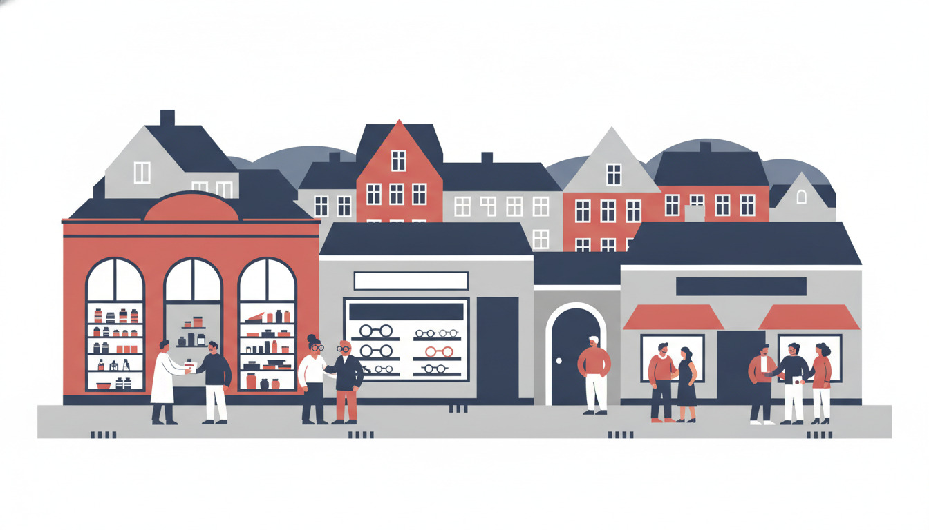 Farverig gadesce med historisk apotek (røde mure, buede vinduer), moderne optiker (brilledisplay) og tandlægeklinik, omgivet af traditionel dansk byarkitektur og interagerende borgere.