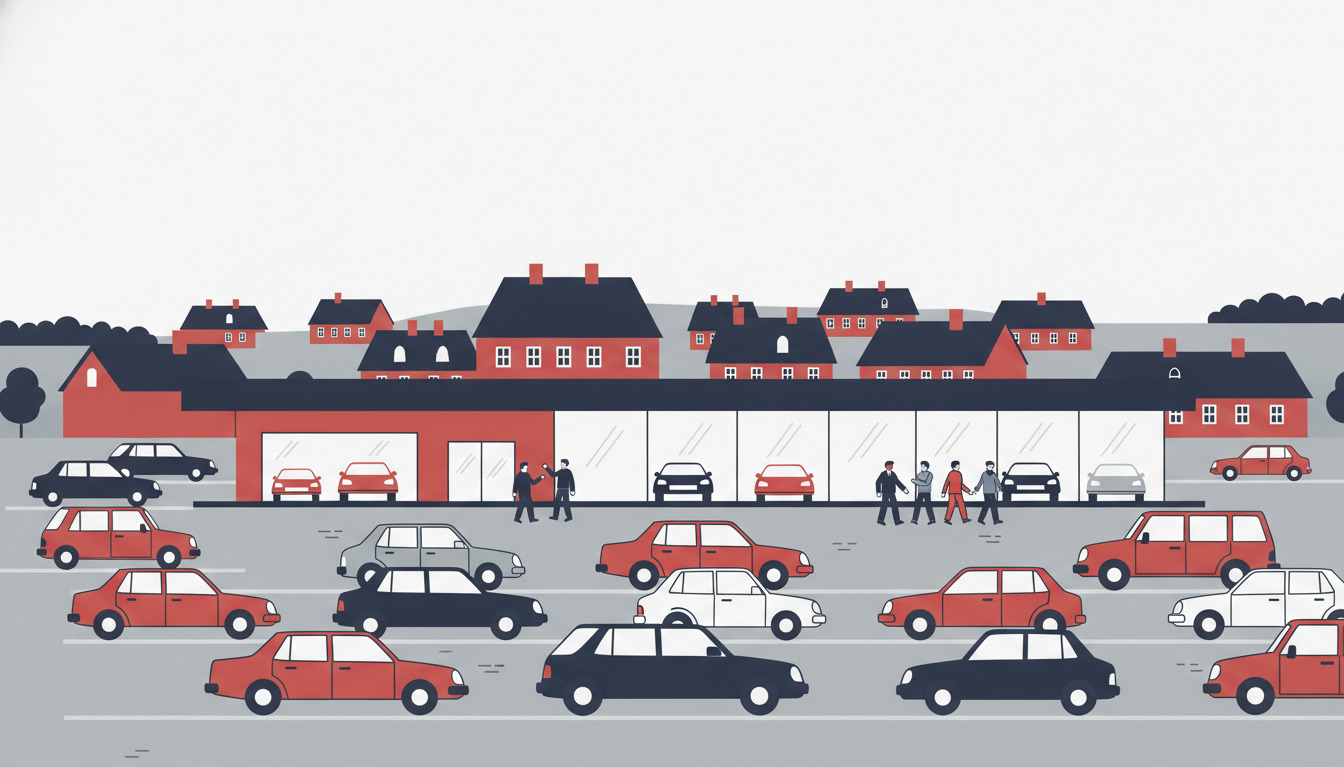 Flad vektor-illustration af et bilforhandlerlot i Hobro med adskillige røde og sorte køretøjer udstillet, et moderne showroom med store vinduer, fodgængere der ser på biler, og danske tage med røde tegltage synlige i baggrunden.