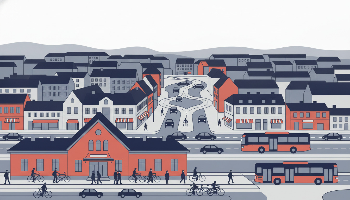 Næstved Banegård i flad vektorstil: en fremtrædende rødt byggeri med gavltag i forgrunden, omgivet af cyklister og fodgængere, med busser, biler og et flerniveauperkeringshus synlige mellem grå byhuse og en blåtaget kirke i baggrunden.