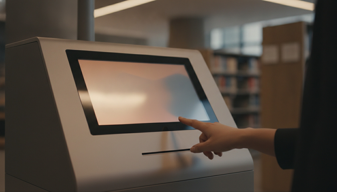 Hånd berører selvbetjeningsskærm på biblioteksterminalen med moderne design og neutraal farvepalet.