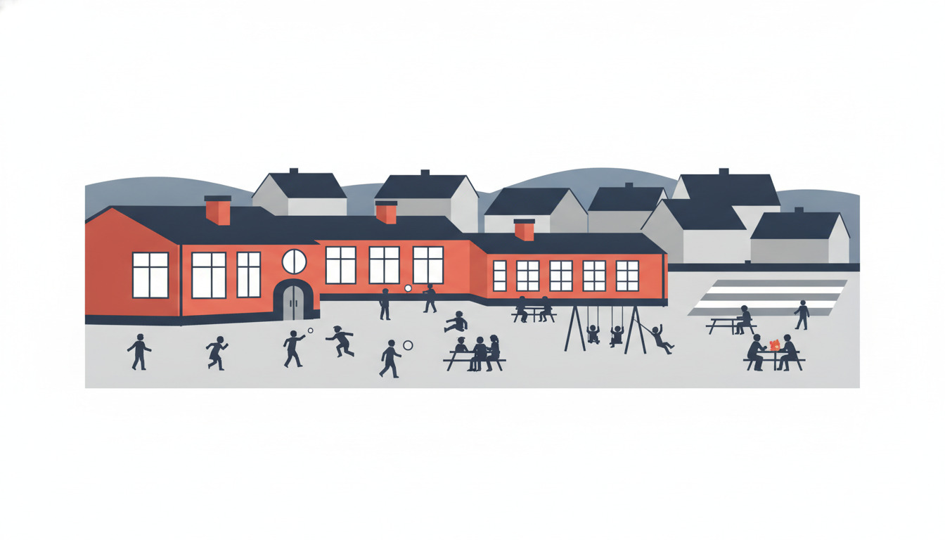 Bording Skole: en varm orange-rød grundskole med mørkt tag og flere klasseværelservinduer, omgivet af børn, der leger på skolegården med gynger og picnicborde, boligtagene synlige i baggrunden.