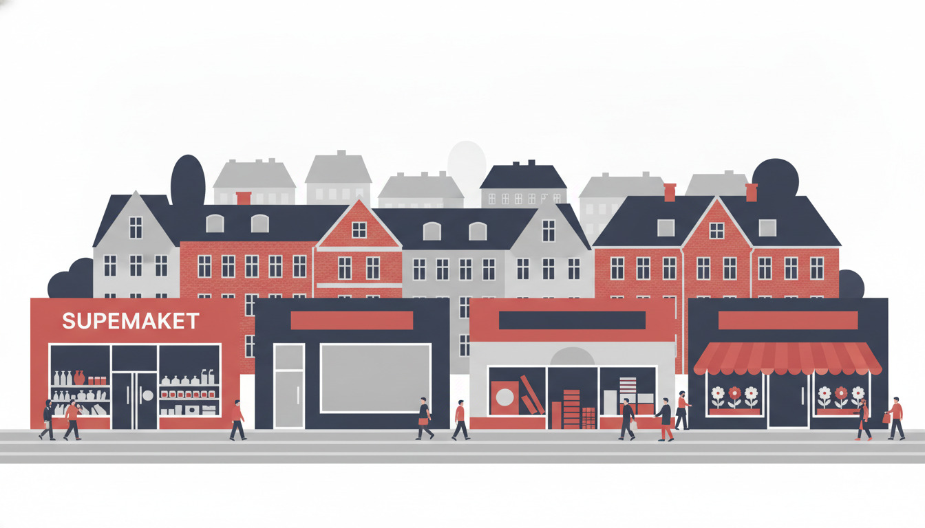 Flad vektorillustration af en dansk shoppinggade i Bording med supermarked, discountbutik, byggemarkeds- og blomsterbutik, bakket op af traditionel boligarkitektur.