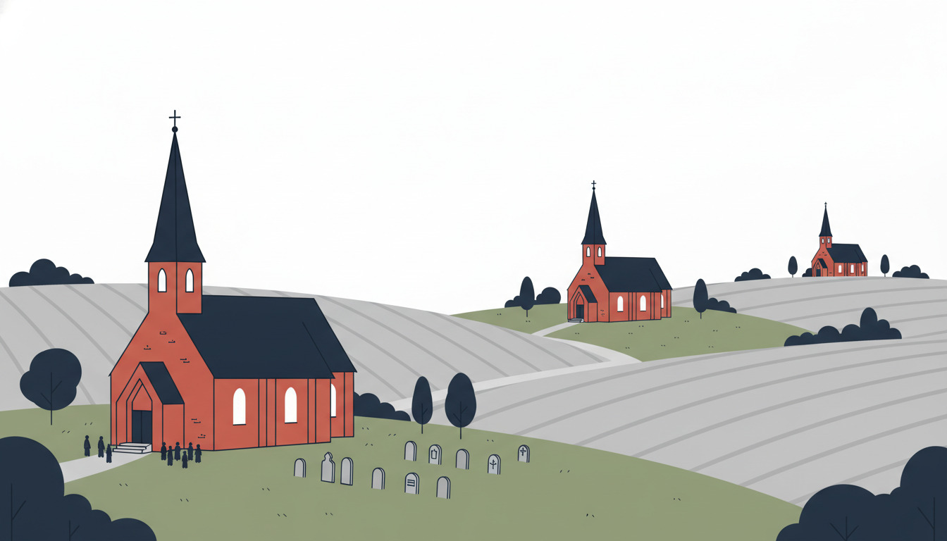 Tre landsbykir ker i Blåvand: rød mursten med sorte spir e og kors, omgiv et af rulle nde marker, kirkegårde med gravsten, og få mennesker ved indgang.