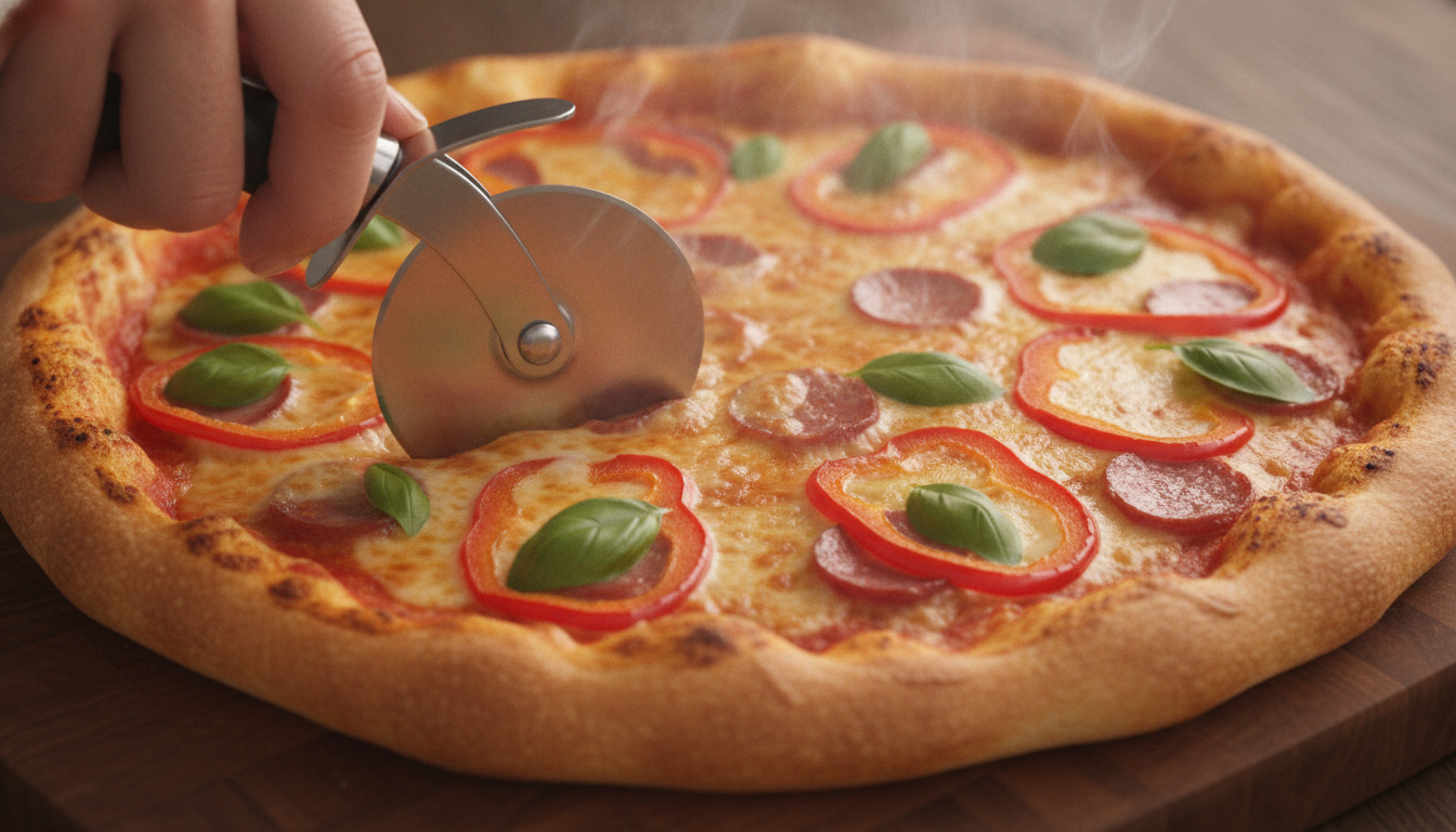 Nærbillede af friskbagt pizza med peperoni, røde peber og basilikum, skåret med pizzaskærer.
