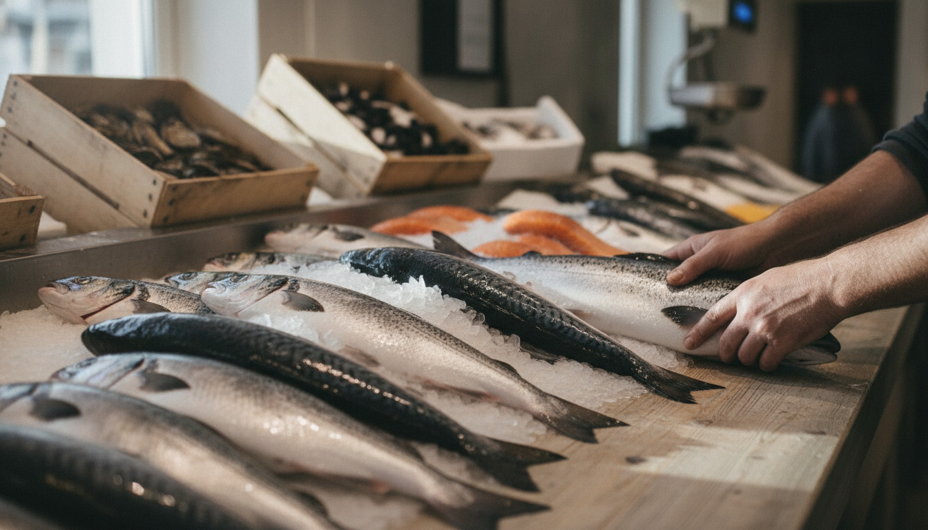 Tætbillede af friske fisk på knust is med en persons hænder på arbejde, generisk fiskemarkedsscene.