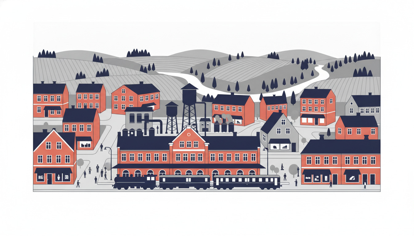 Flad vektorillustration af jernbanebyen Langå: røde mursten beboelsesbygninger og stationsbygning med damptog, vandtårn og industrielle faciliteter i centrum, skovklædt bakker og floddalkulisse i baggrunden.