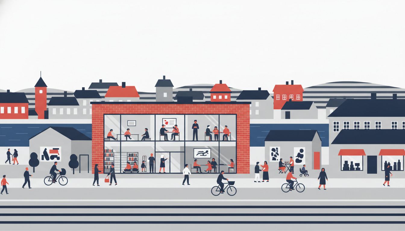 En flad vektorillustration af Solbjergs kulturcenter med en fremtrædende rød mursten biblioteksbygning med store vinduer, der viser bøger og samfundsaktiviteter, omgivet af historiske bygninge og aktivt gaddeliv med cyklister og fodgængere.