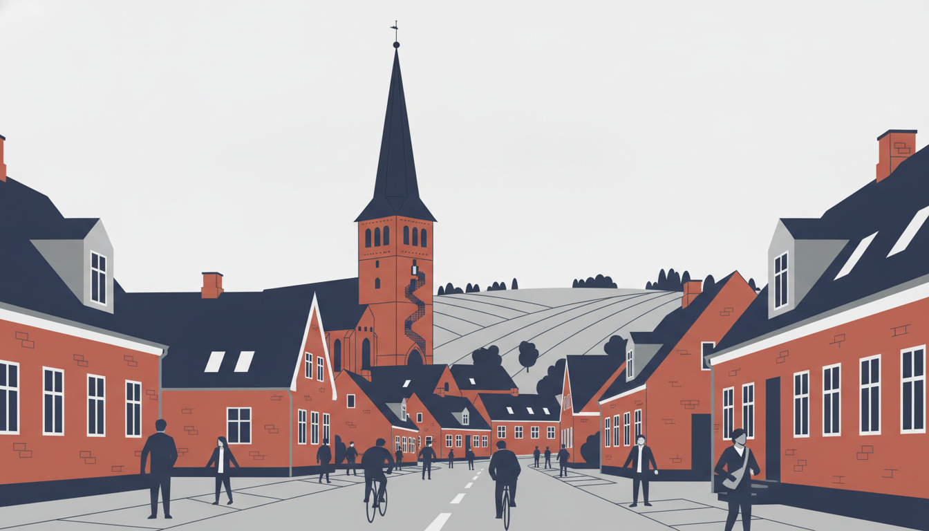 Flad vektorillustration af Hornsyld med Nebsager Kirkes karakteristiske høje spir og orange tårn med ekstern spiraltrappe, der dominerer midten, omgivet af røde murstens danske bygninger og borgere på en gade.