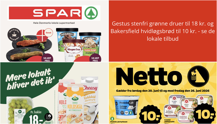Gestus stenfri grønne druer til 18 kr. og Bakersfield hvidløgsbrød til 10 kr. - se de lokale tilbud