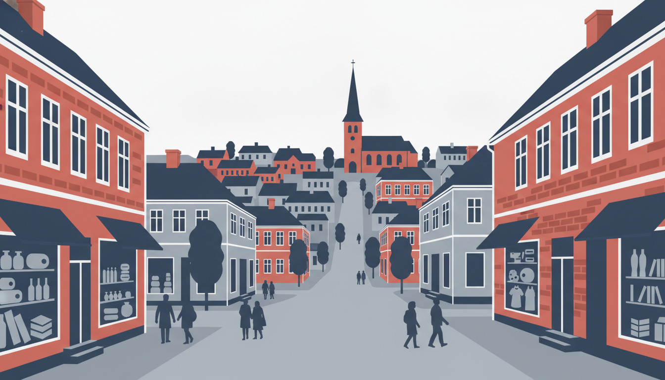 En illustreret gadeplan af Fjerritslev by med butiksfacader, mennesker på torvet, kirken med spir i baggrunden og blandede bolig- og handelsbygninger langs gaderne.