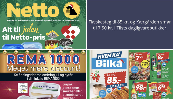 Flæskesteg til 85 kr. og Kærgården smør til 7,50 kr. i Tilsts dagligvarebutikker