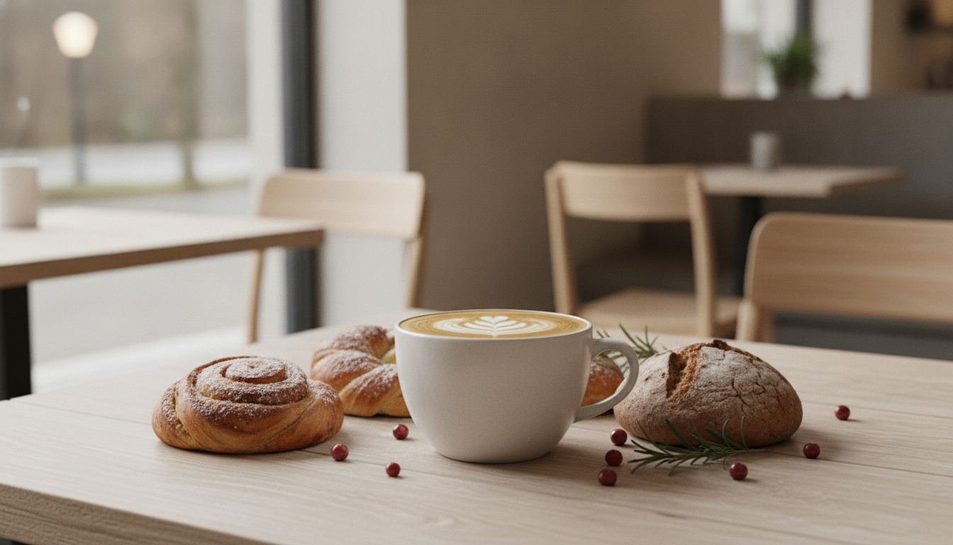 Tætbillede af cappuccino med latte art, rundstykker og brød på trætabel med bær og urter.