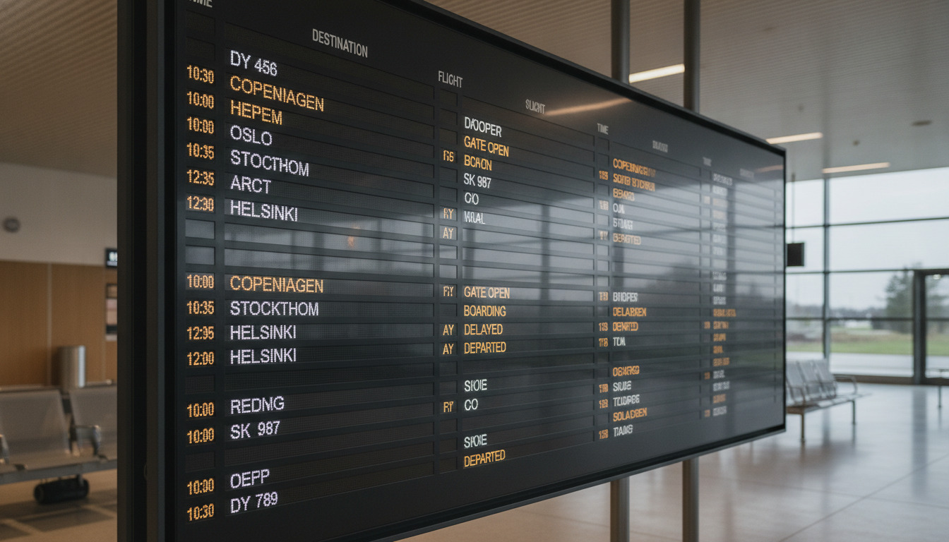 Tæt på et lufthavns afgangstavle med glødende orange og hvid tekst på mørk baggrund, soft lufthavnsbelysning.