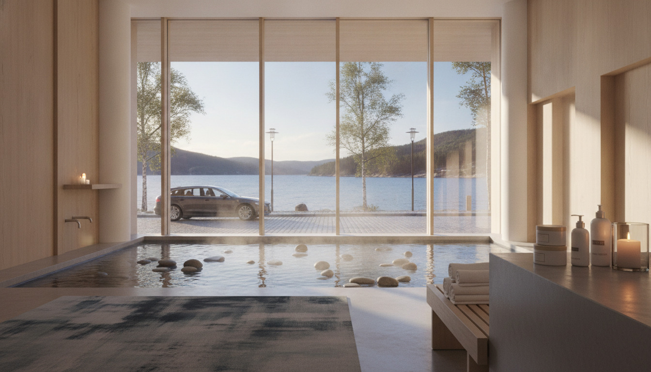 Spa-pool med varmt vand, glatte sten og lys fra stearinlys – minimalistisk nordisk wellness-setting.