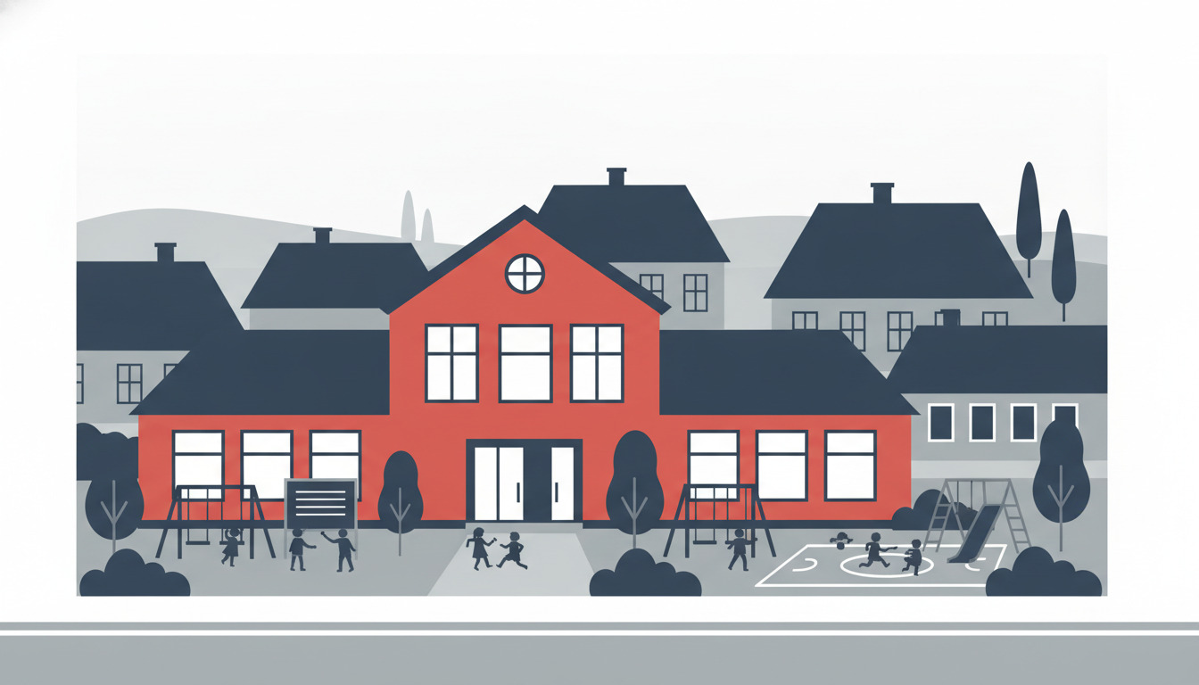 Fladt vektorgrafik af en lys rød grundskole med store vinduer og central indgang, omgivet af legepladsudsyr og børn der leger, med danske bolighuslot og mørke tage i den bløde baggrund.
