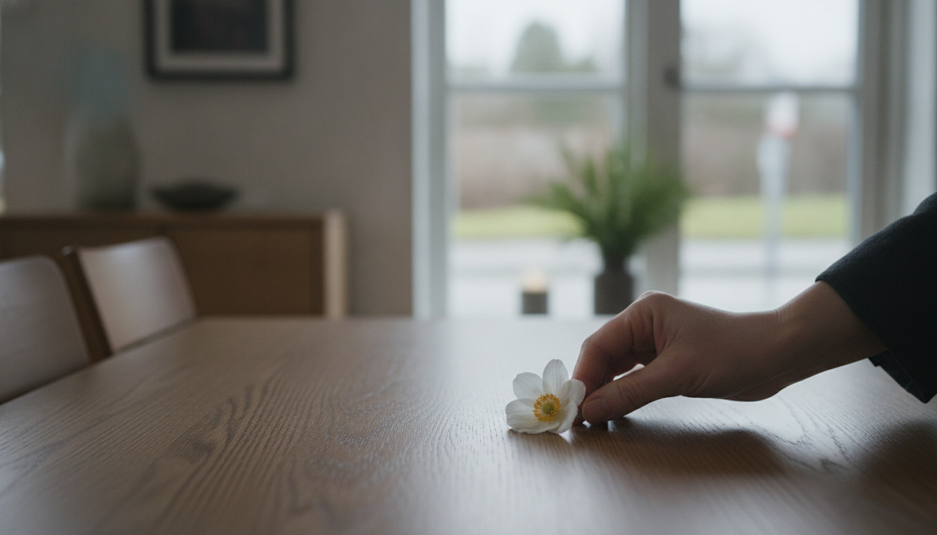 Hånd lægger hvidt blomst på træbord i blidt nordisk lys — symbol på mindeord og medfølelse.