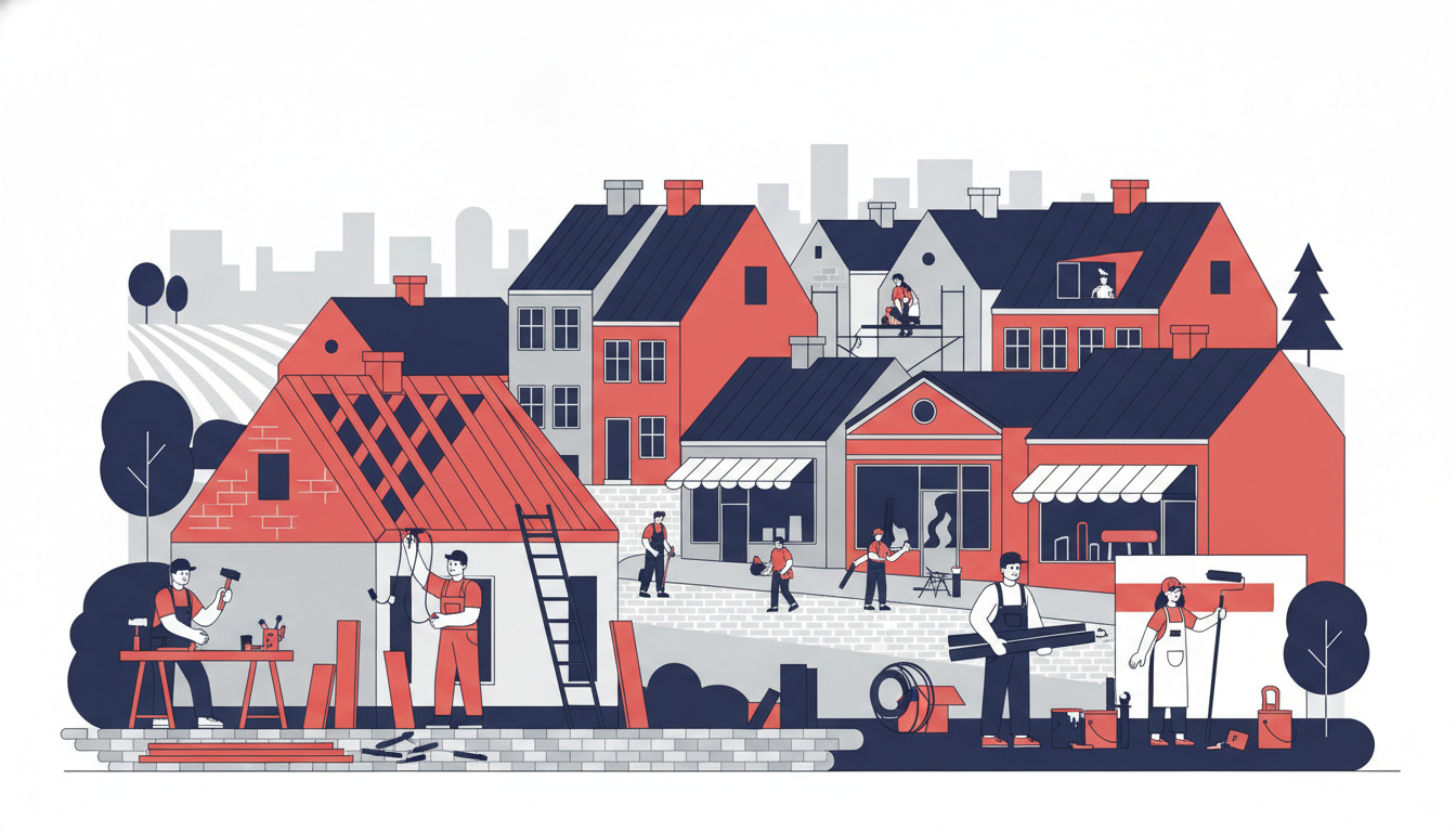 Travl værkstedscene med danske håndværkere: tømrer ved arbejdsbænk, elektrikker, VVS-mand med rør og maler, der arbejder på renovering foran charmerende Hadsund beboelsestage og byhorisont.