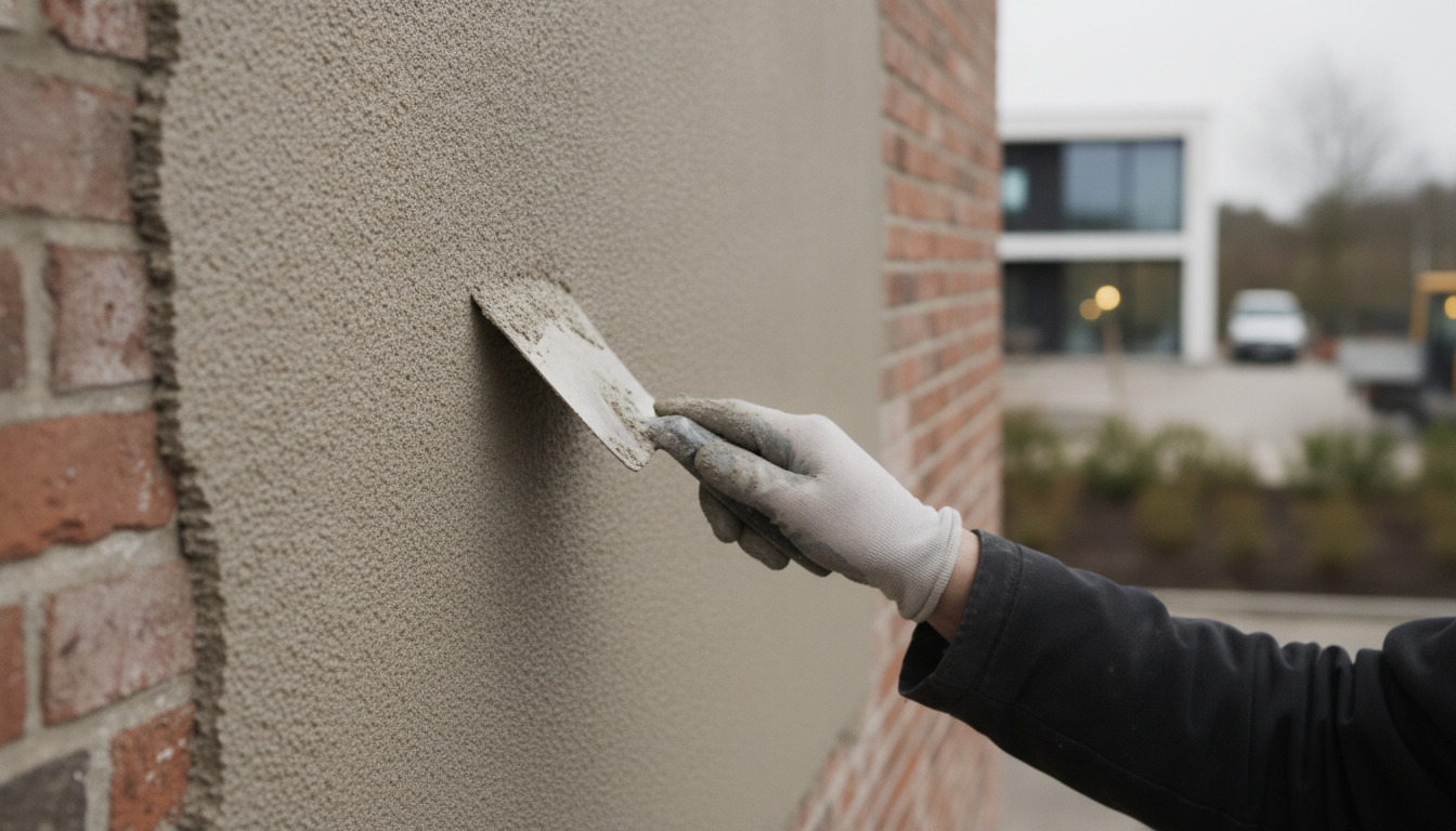 Hånd med hvid handske påfører gråt fiberpudsmateriale på mursten med spartel.