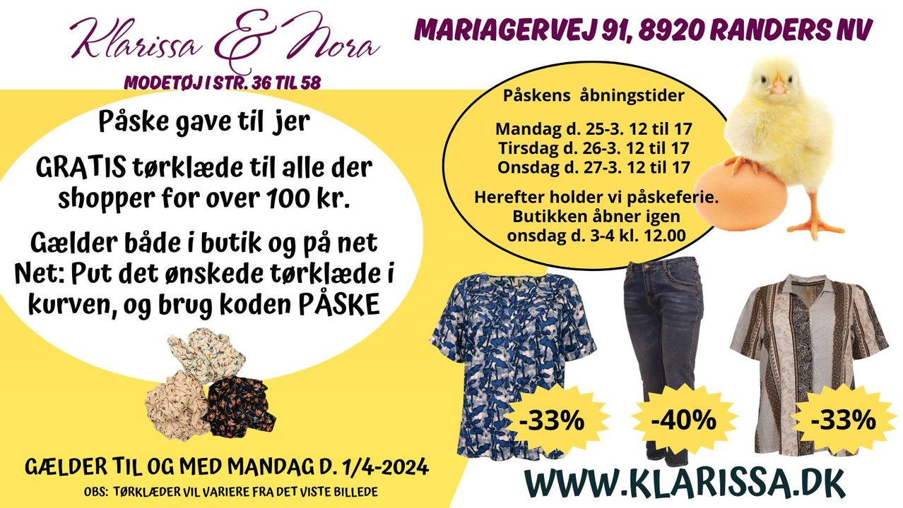 Påskeåbningstider og særlige tilbud hos Klarissa & Nora: Støt lokalt og shop mode i alle størrelser