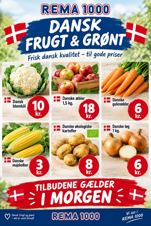 Rema 1000 Rosenkrantzgade har tilbud på dansk frugt og grønt søndag