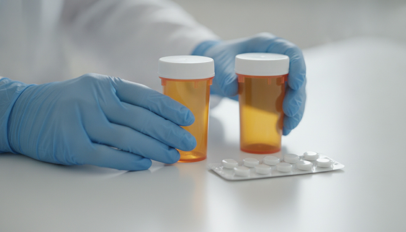 Farmaceut med blå handsker håndterer medicinflaske og tabletpakning på hvid arbejdsbord.