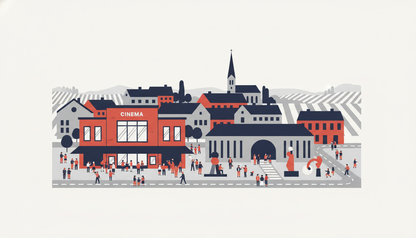 Flad vektorillustration af et dansk bycentrum som kulturelt knudepunkt med en markant rødt biografbyggeri, bibliotek med søjleindgang, kirketårn i baggrunden, offentlige skulpturer og mangfoldige mennesker der nyder kulturelle aktiviteter.