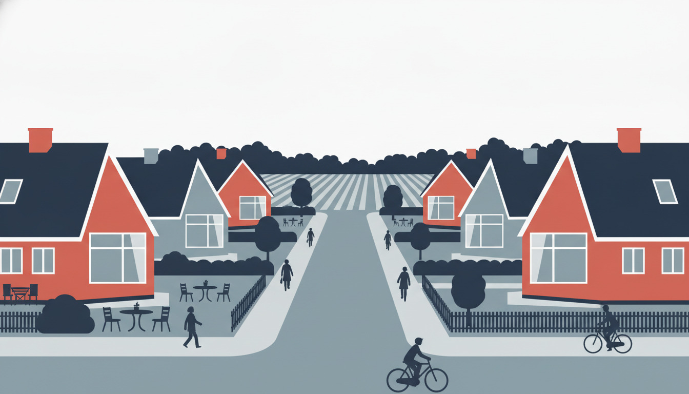 Flad vektorillustration af en dansk boligvej med fritstående og halvdelen delte villaer med stejle tage, store vinduer, forgrunde med have og træbevokset skyline.