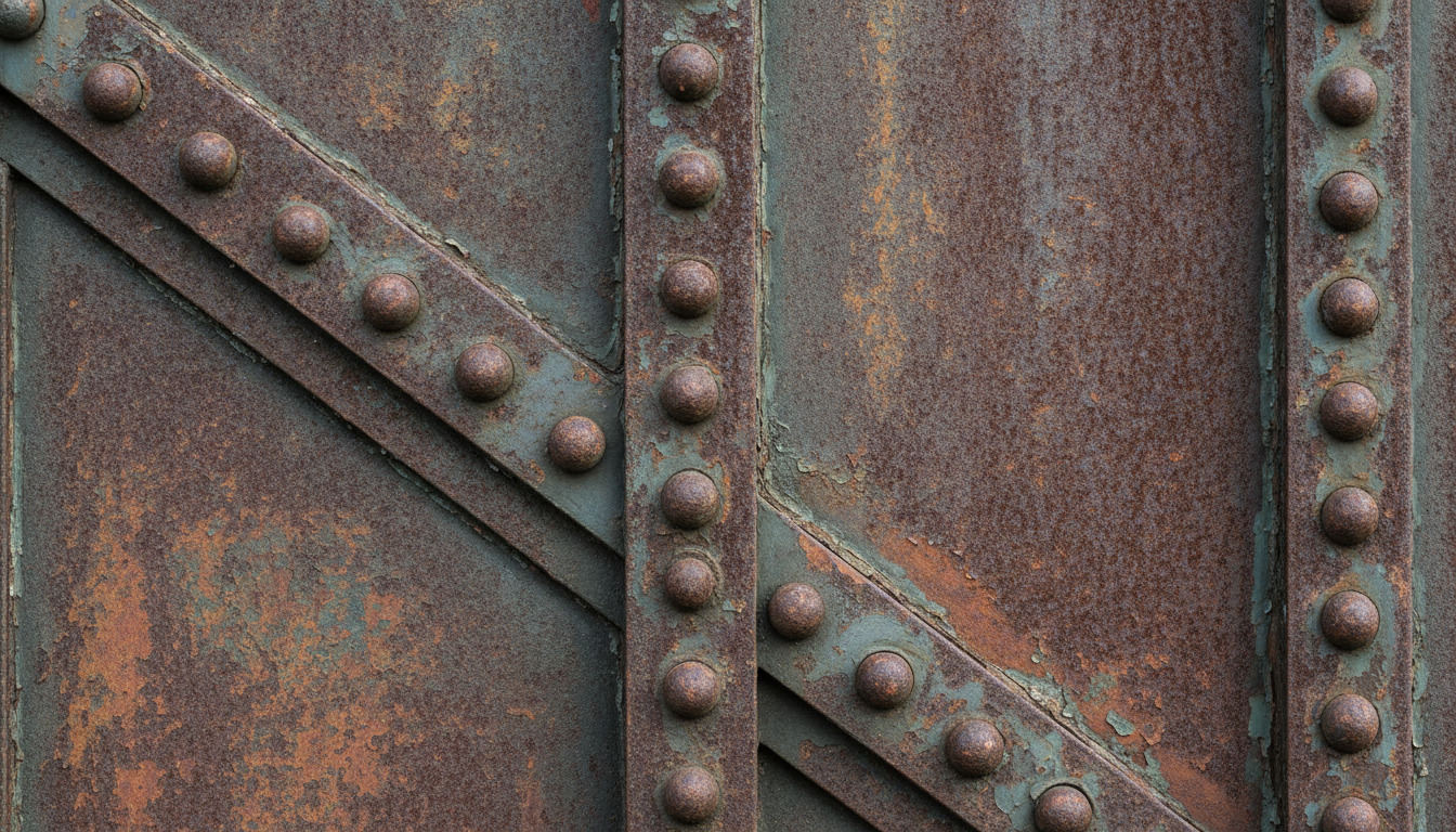 Tæt billede af rustent stål med nitter og kornelignende patina på industriel metaloverflade.