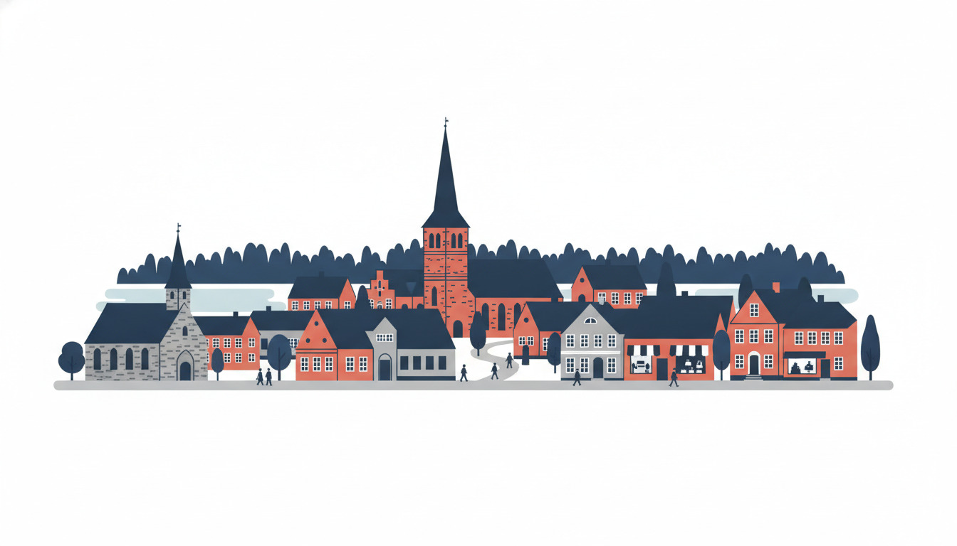 Maribus middelalderlige bycenter med et fremtrædende rødt-muret kirkespir, der dominerer skylinjen, omgivet af historiske danske bygninger, stenkirke, vandudsigt, træer og strandende besøgende i et charmerende bylandskab.