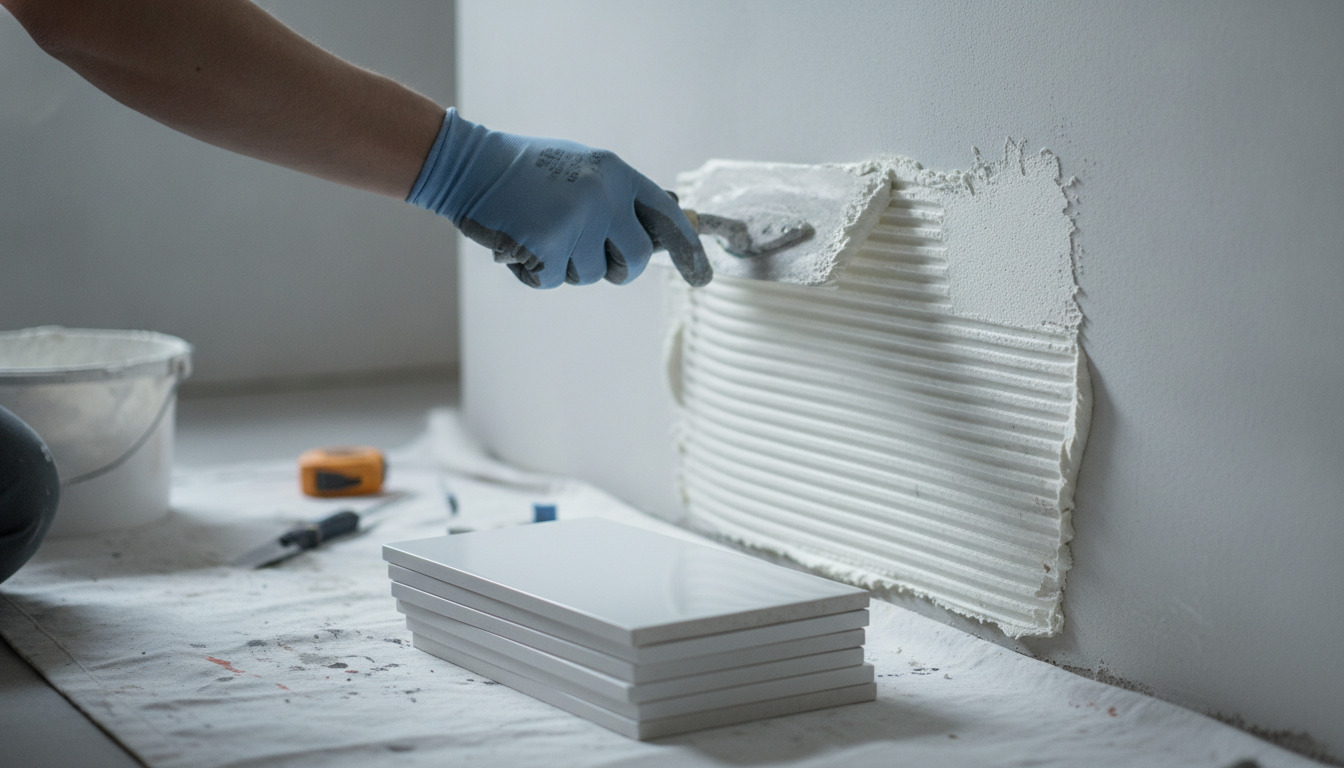 Hånd med blå handsker spreder fliseæl på væg med trowel under badeværelsesrenovering.