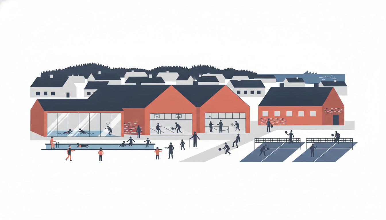 Moderne fritidscenter i Ebeltoft med svømmebadafsnit, indendørs idrætshaller, udendørs padelbaner, aktive besøgende og skovbevoksede bakker i baggrunden.