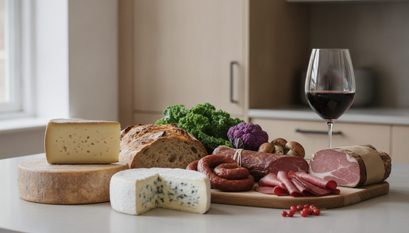 Stiliseret arrangement af ost, brød, pålæg, grøntsager og rødvin på køkkenbord.