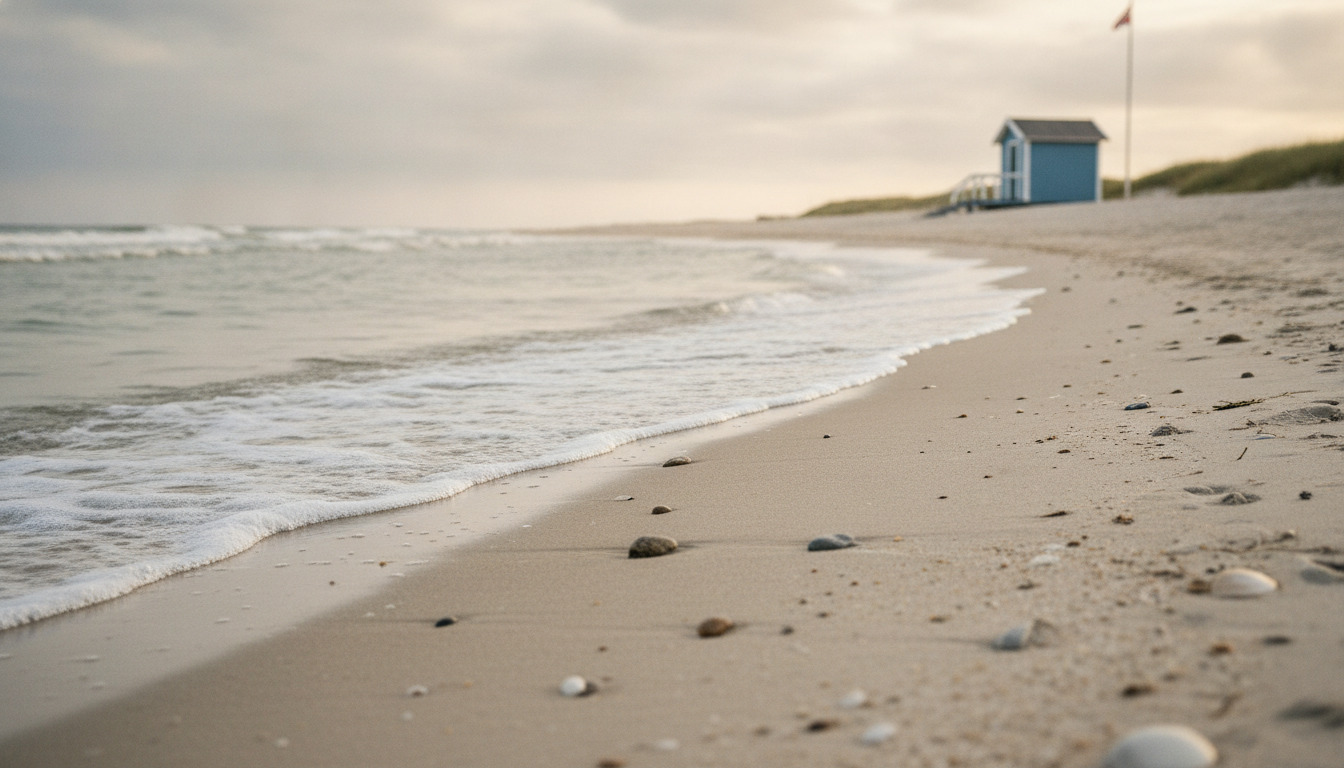 Tæt på-billede af våd sand, småsten og bølgekant på en nordisk strand med skyet dagslys.