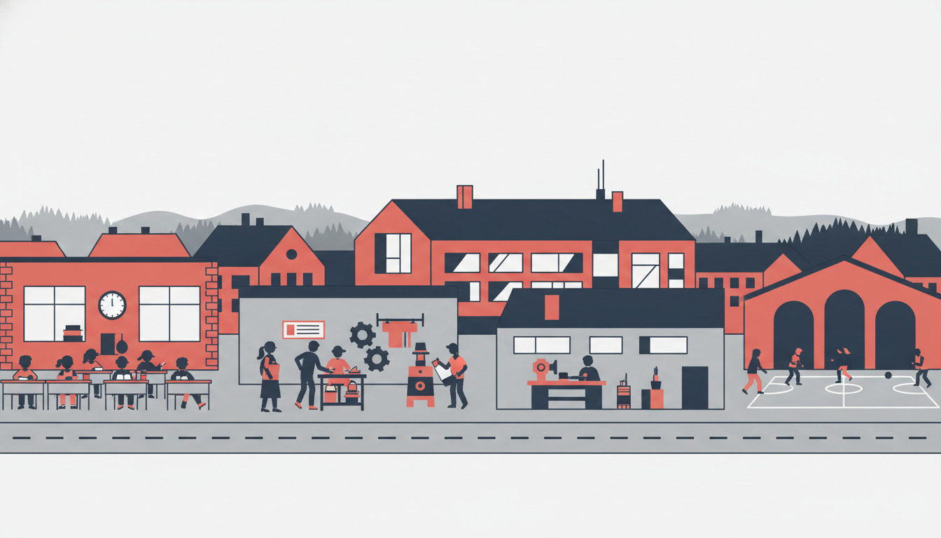 Flat vektor-illustration af undervisningssteder i Ringsted: børn i et klasseværelse med ur og skriveborde, unge i et fagligt værksted med maskiner, og moderne skolebygninger med mørke tage mod skovbaggrund.