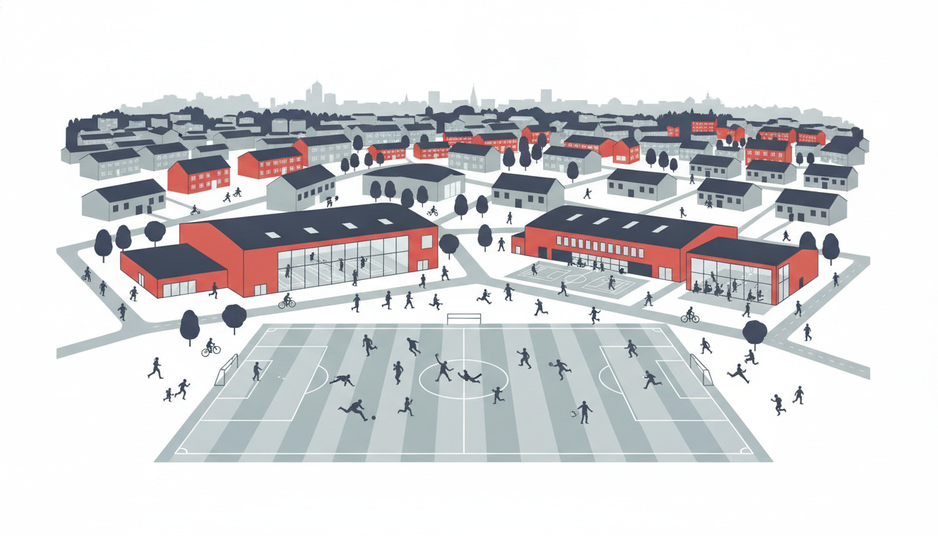 Isometrisk illustration af Galtens sportscenter med fodboldkamp, moderne idrætshaller med indendørsfaciliteter, fitnesscenter med store vinduer, og personer i gang med forskellige sportsaktiviteter.