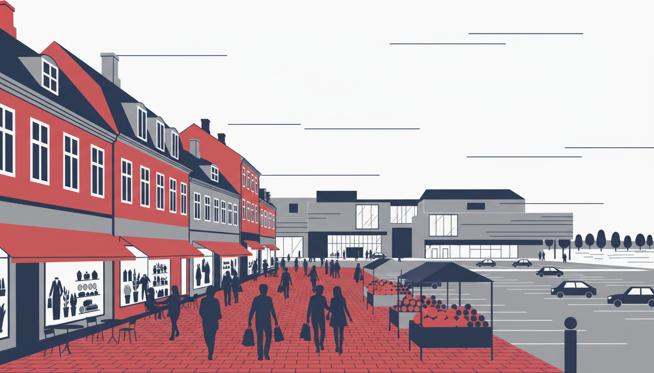 Livlig gågade i Næstved med historiske røde og grå bygninger, butiksvinduer, markedsstande, udendørs caféplaceringer, shoppere og moderne shoppingcenter med parkeringsplads i baggrunden.