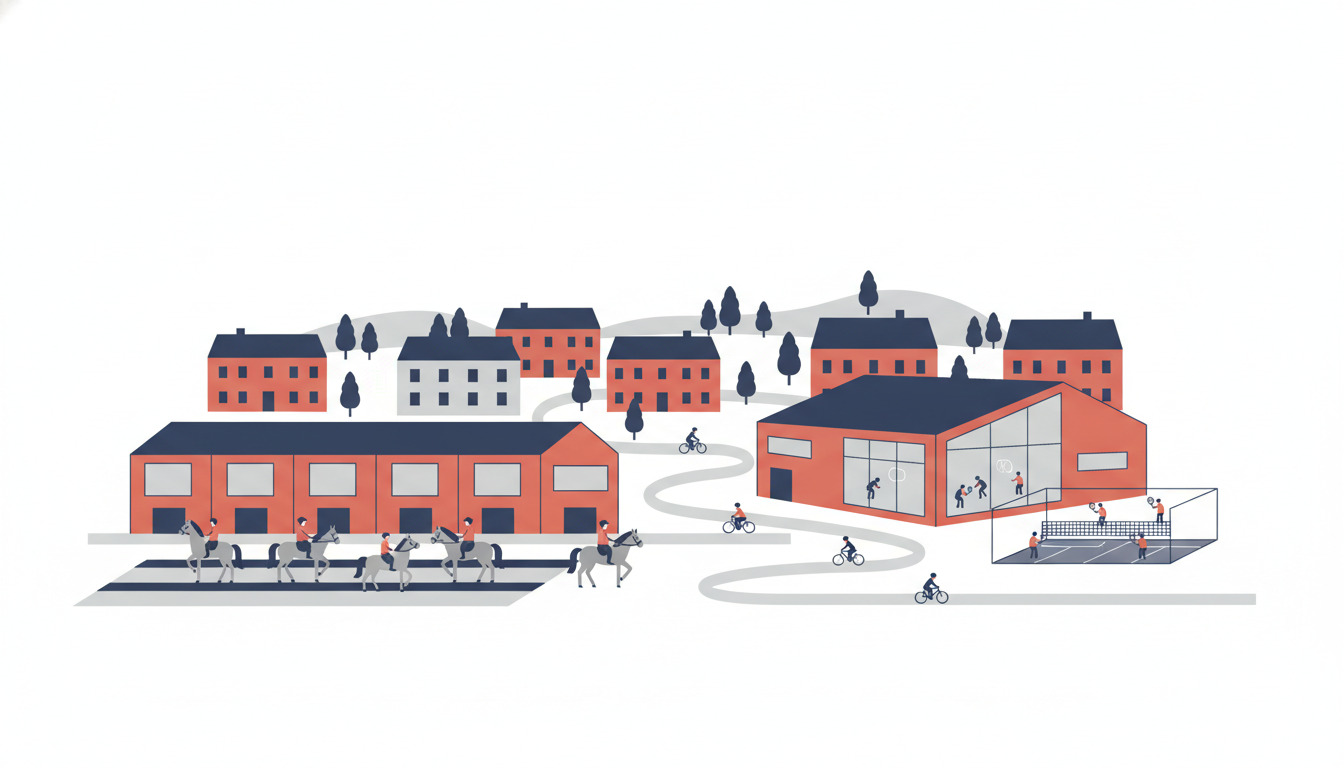 Børkop idrætsscene: ridestald med heste og ryttere, moderne indendørs sporthallen med store vinduer, padelbane, cykelryttere på snoede stier, beboelsesbygninger og træer i blød baggrund.