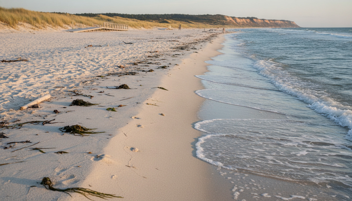 Nærbillede af sand og tangarter ved vandskellet på en dansk vestjysk strand i gyldentime.