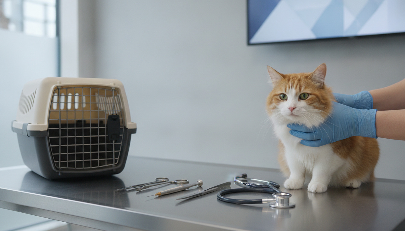 Dyrlægeklinik: undersøgelsesbord med veterinærinstrumenter, transportkasse og hænder i handsker under dyreundersøgelse.