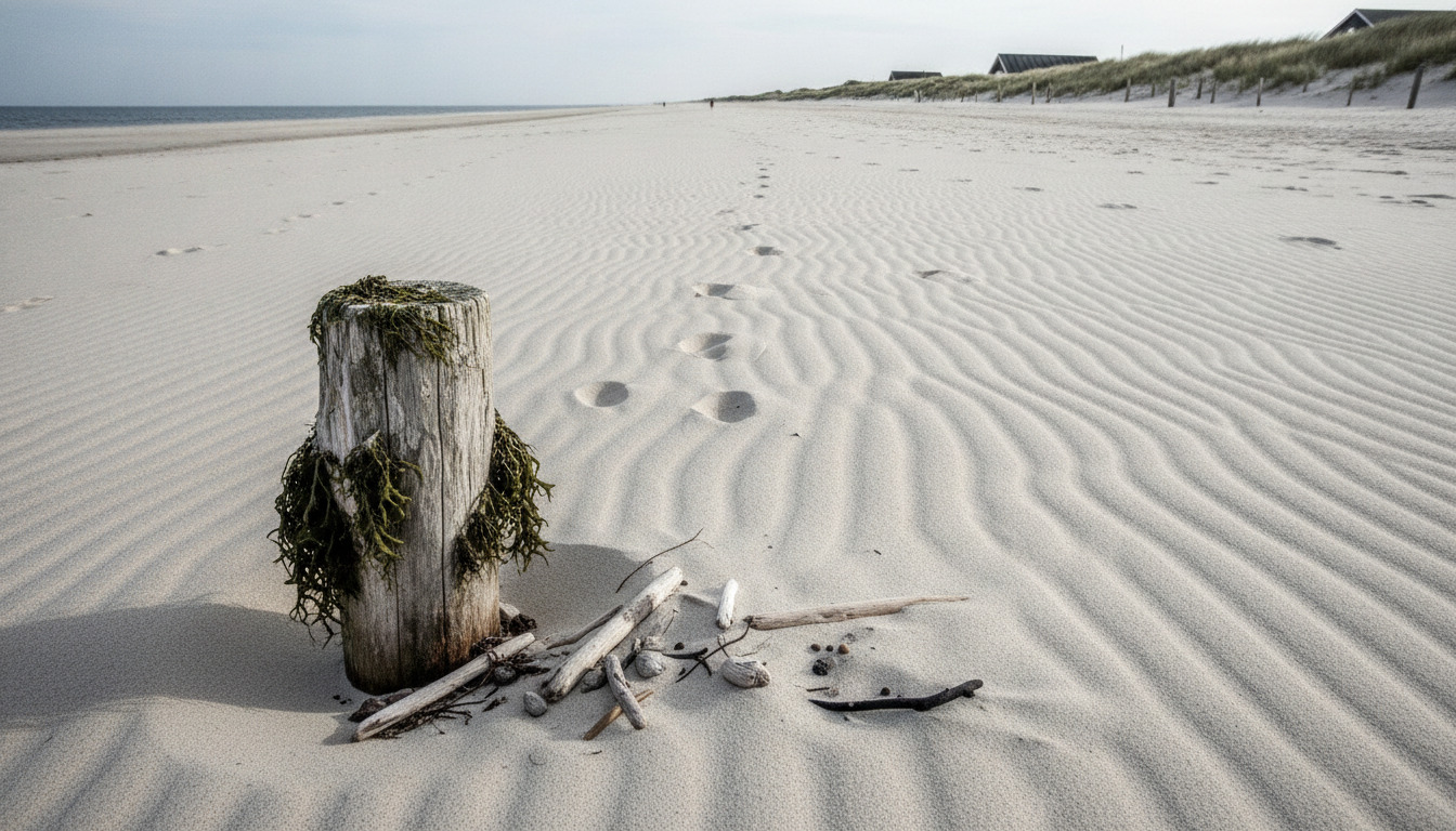 Nærbillede af hvidt strandsand med krusninger, tørret træpæl med søgræs og drivtømmer på en nordisk strand.