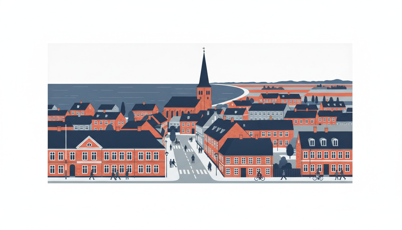 Ringkøbing bystakline med røde mursten-bygninger, fremtrædende kirketårn, gader der går ned mod blåt fjordvand, landbrugslandskab og kystlinje i det fjerne.